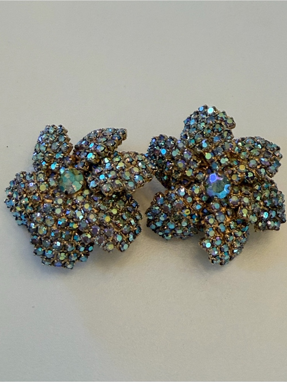 Vintage Alice Caviness Aurora Borealis (AB) rhinestone Flower Clip-On Earrings